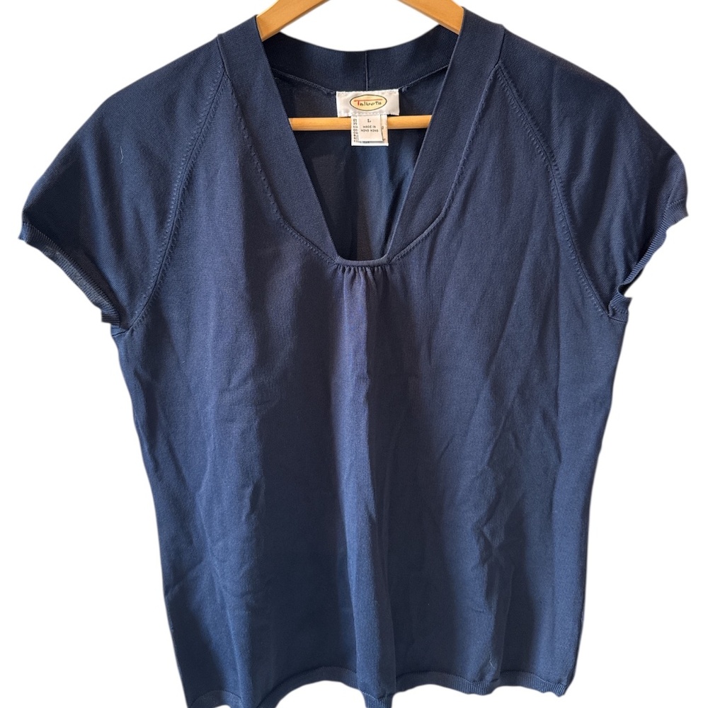 Talbots Top Womens Large Blue Short Sleeve Pleated Stretch Knit V-Neck‎ Classic